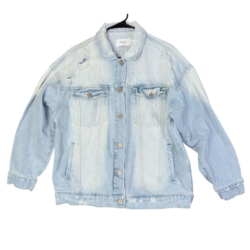 KUT From The Kloth Large Denim Jean Jacket Woman's Light Blue Distressed